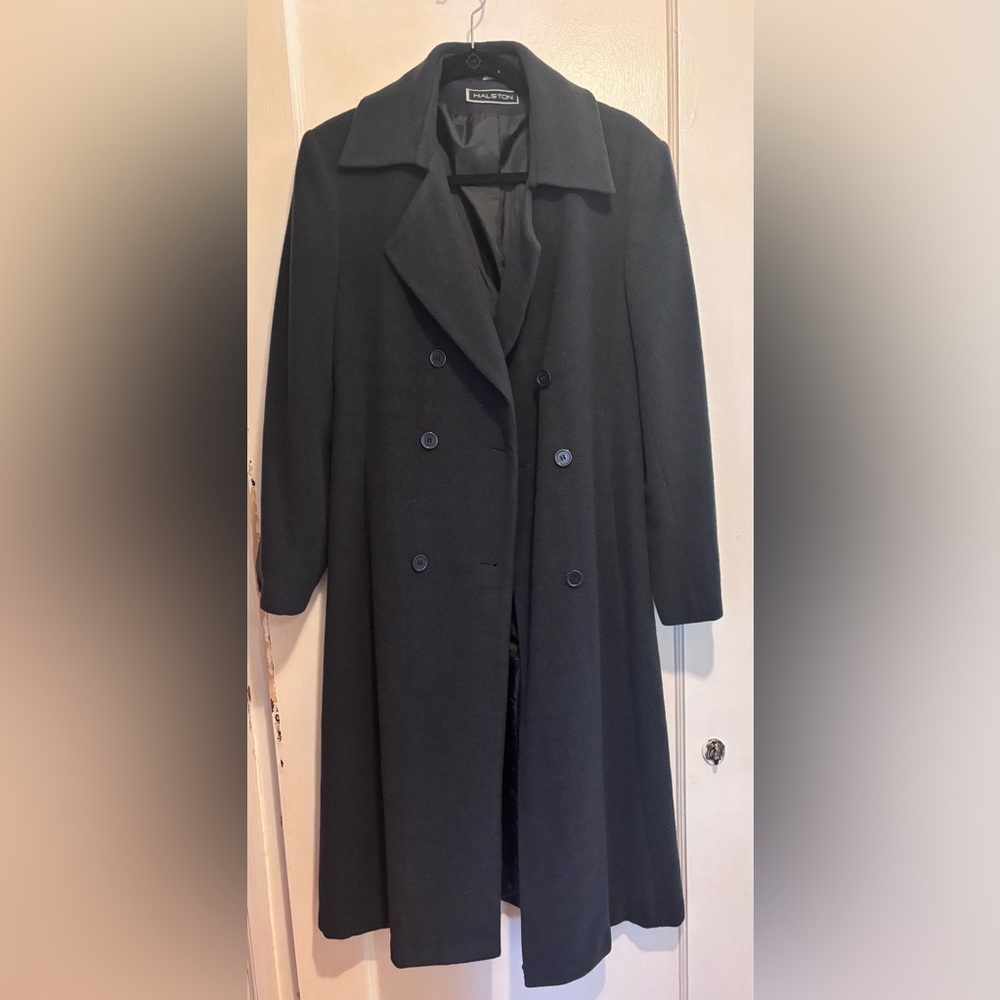 Vintage HALSTON Women’s Long Double Breasted Wool Coat in Gray size 8